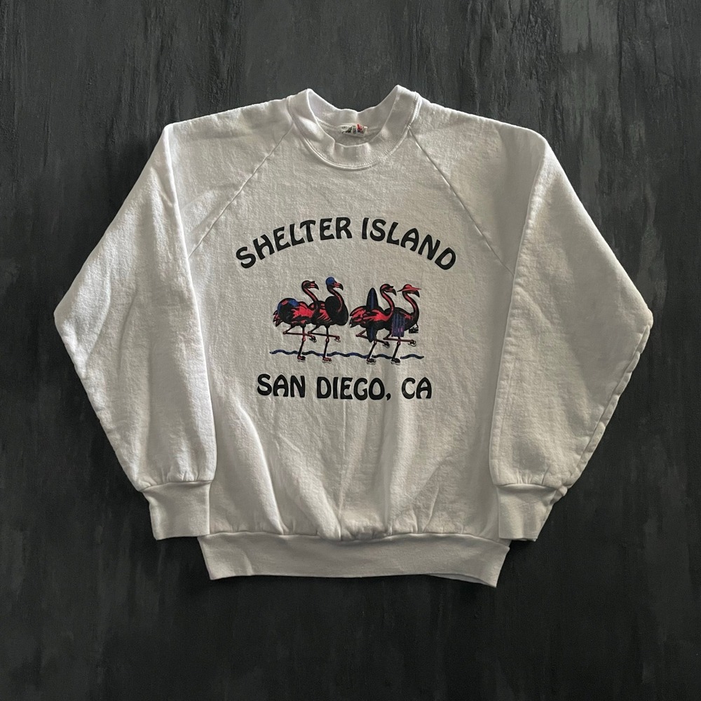 Vintage Shelter Island Flamingo Sweatshirt Med White 90s San Diego